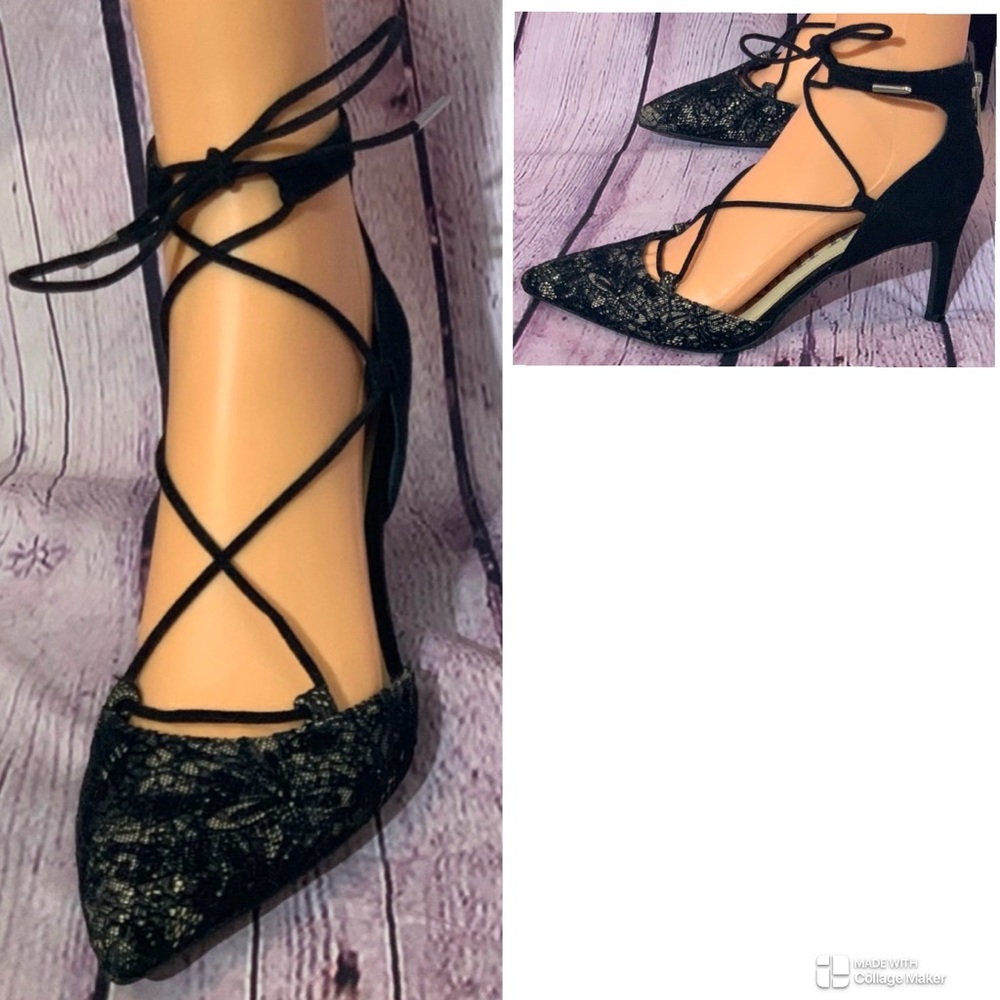 Black lace tie up high heels with a 2.5” heel. Size: 7.5 Brand: Sam & Libby